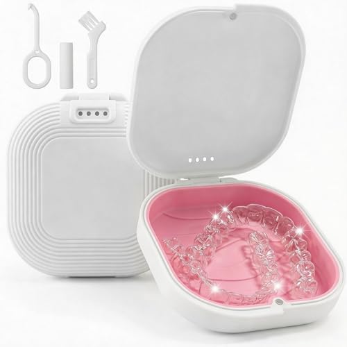 Retainer Case with Vent Holes, Aligner Case for Invisalign, Portable Aligner Kit, Removable Silicone Liner, Orthodontic Storage Box Secure Magnetic Closure for Travel - White/Pink - color: White-Pink