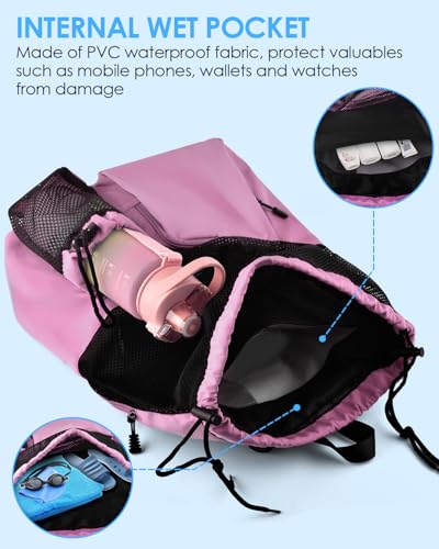 BROTOU Swim Bag Beach Backpack with Wet Pocket Mesh Drawstring Bags for Swimming, Gym - color: Pink