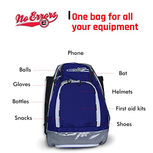 No Errors Sports RBP Rookie Baseball and Softball Backpack - Youth Baseball and Softball Bat Bag with Fence Hooks - Baseball and Softball Equipment Bag for Kids - color: Royal