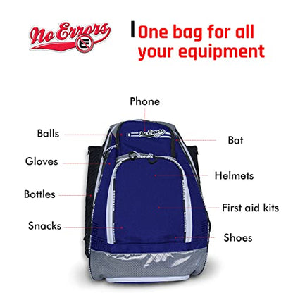No Errors Sports RBP Rookie Baseball and Softball Backpack - Youth Baseball and Softball Bat Bag with Fence Hooks - Baseball and Softball Equipment Bag for Kids - color: Royal