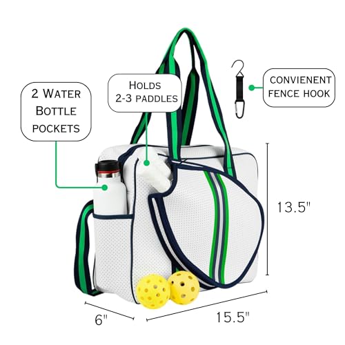 Brooklyn Pickleball Bag - Women's Pickleball Bag with fence hook, Quality Construction, Functional And cute Design - color: White Navy/Green/Silver