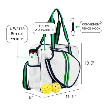 Brooklyn Pickleball Bag - Women's Pickleball Bag with fence hook, Quality Construction, Functional And cute Design - color: White Navy/Green/Silver