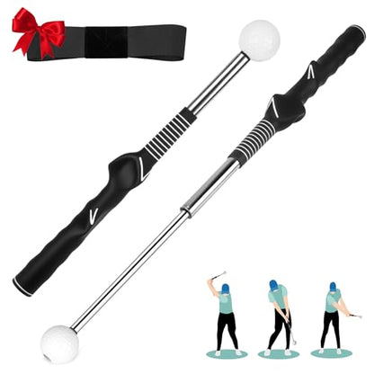 5-in-1 Retractable Golf Swing Training Aid, Indoor & Outdoor Practice Golf Swing Trainer with Arm Band Right/Left-Handed Swing Mechanics for Beginners & Tempo Training for Advanced, Click Feedback