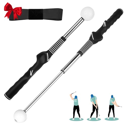 5-in-1 Retractable Golf Swing Training Aid, Indoor & Outdoor Practice Golf Swing Trainer with Arm Band Right/Left-Handed Swing Mechanics for Beginners & Tempo Training for Advanced, Click Feedback