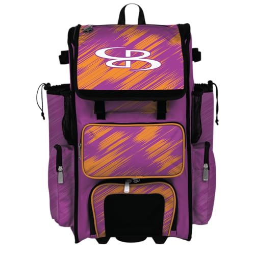 Boombah Rolling Superpack Scratch Baseball/Softball Gear Bag - 23-1/2" x 13-1/2" x 9-1/2" - Multiple Colors - Telescopic Handle and Holds 4 Bats - Wheeled Version - color: Fuchsia/Autumn Glory/White
