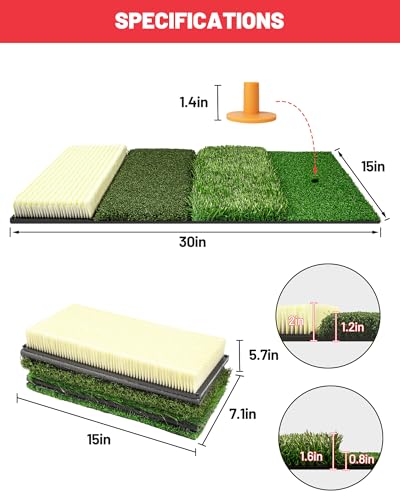 4-in-1 Golf Hitting Mat, Golf Practice Mat with Fairway, Rough, Sand & Tee Turf, Indoor Outdoor Golf Training Mat for Driving, Chipping & Putting with Golf Mat Tees
