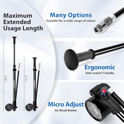 Hycline High Pressure Shock Pump with Gauge: 300 PSI Bicycle Pump for Front Fork & Rear Suspension - Mini Pump with Air Bleed for Road Mountain Bike Fits Schrader & Presta Valve