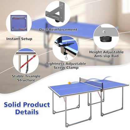 4.5/6ft/9ft Mid-Size Portable Ping Pong Tables Set, Foldable Table Tennis Table with Net,2 Paddles & 3 Balls, Multi-Use Free Standing Ping Pong Table for Indoor/Outdoor