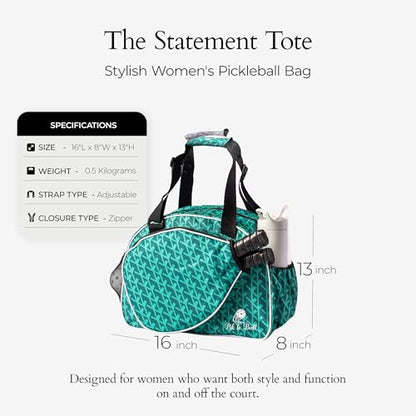 Pik’le’Ball Sport Premium Women's Pickleball Bag – Stylish and Versatile Sports Bag with Water Bottle Holder, Padded Paddle Pocket, and Spacious Design (fits 2+ Paddles!) - color: Court Couture Green