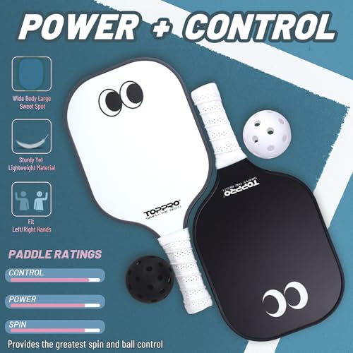 TOPPRO Pickleball Paddles Set of 2, Fiberglass Face, Polypropylene Honeycomb Core, Lightweight Pickleball Rackets 2 Pack - color: EYE Black & White