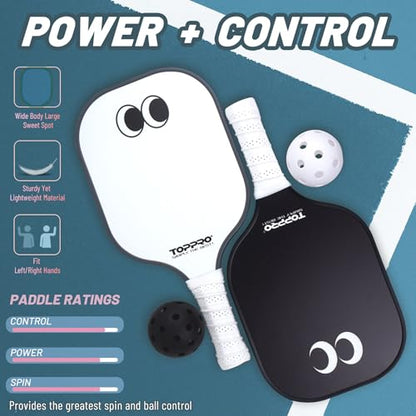 TOPPRO Pickleball Paddles Set of 2, Fiberglass Face, Polypropylene Honeycomb Core, Lightweight Pickleball Rackets 2 Pack - color: EYE Black & White