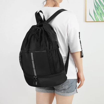 Valleycomfy Drawstring Gym Bag Sports Backpack With Shoe Compartment and Reflective Strips Black - color: Black
