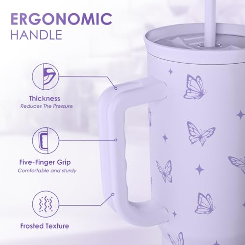Butterfly Gifts for Women, Purple Butterfly Tumbler with Handle, Stainless Steel Insulated Coffee Travel Mug Cup, Gifts for Women Girls on Birthday Christmas, 40oz - color: Butterfly
