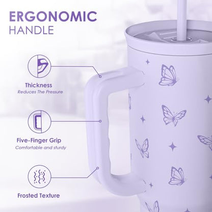 Butterfly Gifts for Women, Purple Butterfly Tumbler with Handle, Stainless Steel Insulated Coffee Travel Mug Cup, Gifts for Women Girls on Birthday Christmas, 40oz - color: Butterfly