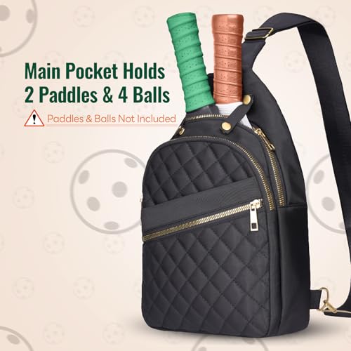 NiHome Pickleball Sling Bag for Men & Women, Water-Repellent Polyester Crossbody Backpack with Adjustable Strap, Fits 2 Paddles & 6 Balls, Tablet Pocket, Front Zipper Storage for Phone & Gear (Black)