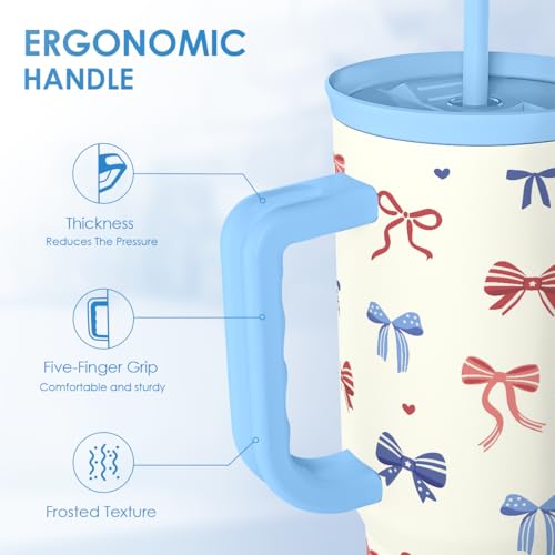 SANDJEST American Flag 40oz Tumbler with Handle and Straw, Insulated Stainless Steel Travel Coffee Mug for Women Girls, Gift Idea for Birthday Christmas 4th of July (Bow) - color: American Flag 1