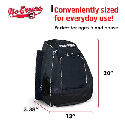 No Errors Sports RBP Rookie Baseball and Softball Backpack - Youth Baseball and Softball Bat Bag with Fence Hooks - Baseball and Softball Equipment Bag for Kids - color: Black/Silver