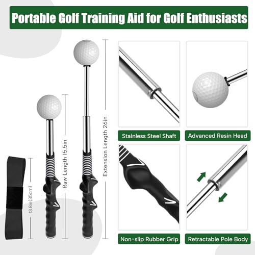 Retractable Golf Swing Training Aid, Golf Grip Trainer for Swing Tempo & Chipping Practice, Right-Handed Golf Swing Trainer with Arm Band for Beginners, Indoor Outdoor Practice