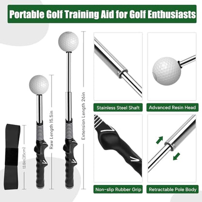 Retractable Golf Swing Training Aid, Golf Grip Trainer for Swing Tempo & Chipping Practice, Right-Handed Golf Swing Trainer with Arm Band for Beginners, Indoor Outdoor Practice