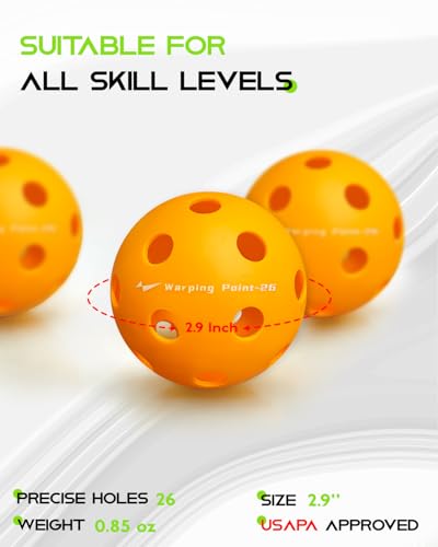 Warping Point Pickleball Balls | 26 Holes, 40 Holes | 4 Pack, 12 Pack | Meet USAPA Specifications | High Bounce Durable Practice Pickle Ball for Beginner & Intermediates | Orange, Blue, Yellow, Green - size: 4 pack