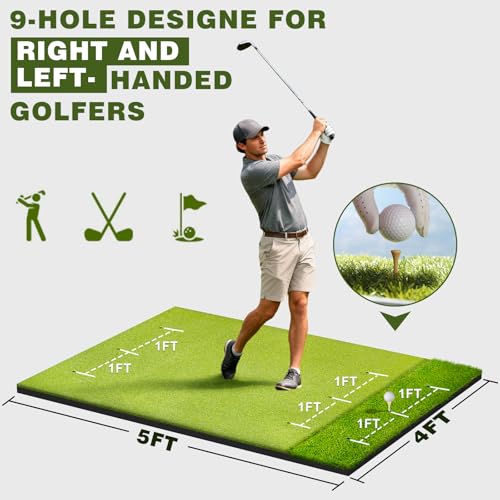 Heavy-Duty Golf Hitting Mat – Dual Turf Design Simulates Fairway & Rough for Real Course Feel, Indoor/Outdoor Practice Mat for Full Swing & Chipping Training, Easy Carry Strap - size: 5'×4'FT