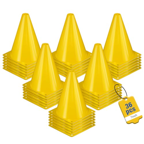 36pcs Cones 7 Inch Soccer Cones and Plastic Traffic Cones, Durable Cones for Sports Training, Ideal for Soccer, Basketball, Football, Skating, and Agility Drills Practice - color: yellow