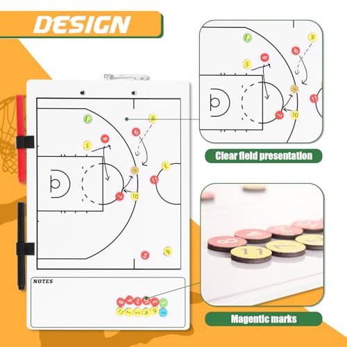 Magnetic Basketball Coaches Clipboard, White Double-Sided Dry Erase Coach Board, Tactics Whiteboard with Color Magnetic Sticker and 2 Marker for Coaches Gift - style: Basketball-B