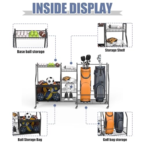 WALMANN Golf Bag Storage Rack with Wheels, Rolling Sports Equipment Organizer, Large Capacity Garage Storage Cart for Balls, Golf Bags