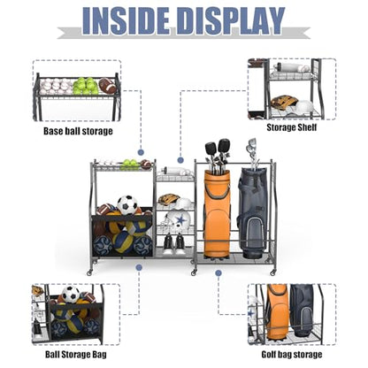 WALMANN Golf Bag Storage Rack with Wheels, Rolling Sports Equipment Organizer, Large Capacity Garage Storage Cart for Balls, Golf Bags