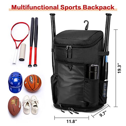 Baseball Backpack Equipment Bag for Adult with 2/4 Bat Holder & Fence Hook Lightweight Mens Softball Bag with Shoes Compartment Coaches Catchers Team Baseball Gear Bags Youth Boys - color: 1 Black