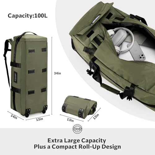 STOVER 45/80/100L Rolling Duffel Bag with Wheels, X-Large Durable Travel Duffle + Toiletry Bag, Heavy Duty, Packable with Shoulder Straps- Use as Luggage or Backpack, Men/Women (Green) - color: Green