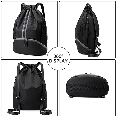 Valleycomfy Sports Drawstring Backpack - Water Resistant String Bag with Side Mesh Pockets Shoe Compartment Gym Backpack for Women & Men Black - color: A-black