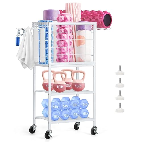 Dumbbell Rack for Home Weight Rack for Home Gym Yoga Mat Storage Rack Black Workout Equipment Storage Organizer with Hooks Yoga Mat Holder with Wheels for Yoga Block, Dumbbell, Resistance Band - color: White