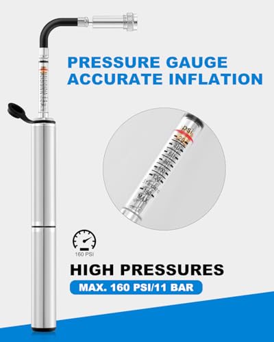 JULAI Mini Bike Pump with Gauge, Portable Hand Tire Pump - Bicycle Frame Inflator with Ball Needle - Fits Presta & Schrader Valves - Lightweight for Road Mountain & BMX Bikes - High Pressure 160 PSI