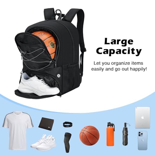 MoKo Basketball Bag Backpack, Volleyball Soccer Backpack for Men & Women with Separate Ball and Shoes Compartments, Water-Resistant, Fence Hook, Sports Bag for Clothes, Shoes, Tablets, Laptops, Black - color: Black