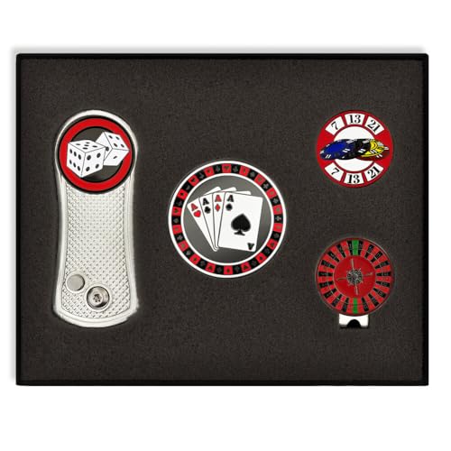 PinMart's Golf Essentials Gift Set - Golf Divot Tool, Hat Clip, Magnetic Ball Markers, Large Ball Marker with Presentation Box - Gifts and Accessories for Men and Women - color: Black Red White Casino Golf Gift Set