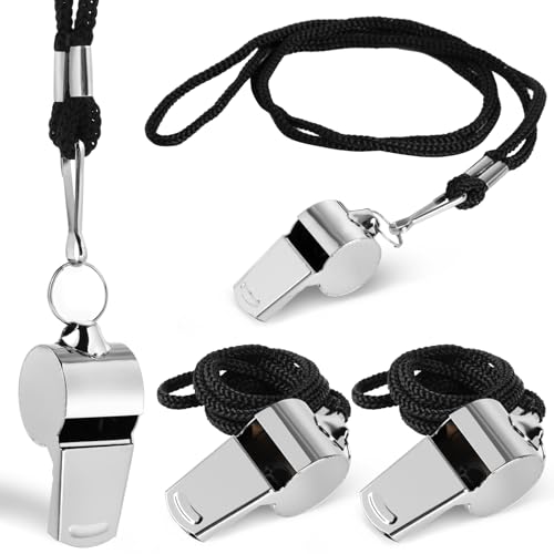Guirnd Coach Whistle 4P, Stainless Steel Coaches Whistle with Lanyard, Loud Crisp Sound Sport Metal Whistles for Adults, Referees, Officials, Emergency, Outdoor