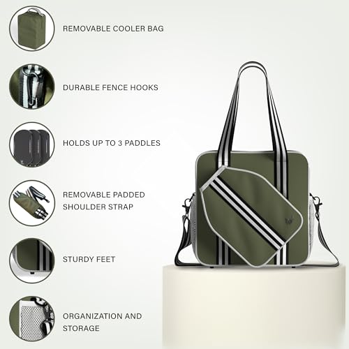 Pickleball Tote Bag - Detachable Cooler & Fence Hooks – Large Sports Bag for Women & Men, Holds Paddles & Balls - color: Khaki
