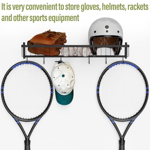 BTY Ball Holder Wall Mount Garage Sports Equipment Organizer 3 Separate Wall Ball Storage Rack with 6 Hooks for Basketball Football Soccer Volleyball