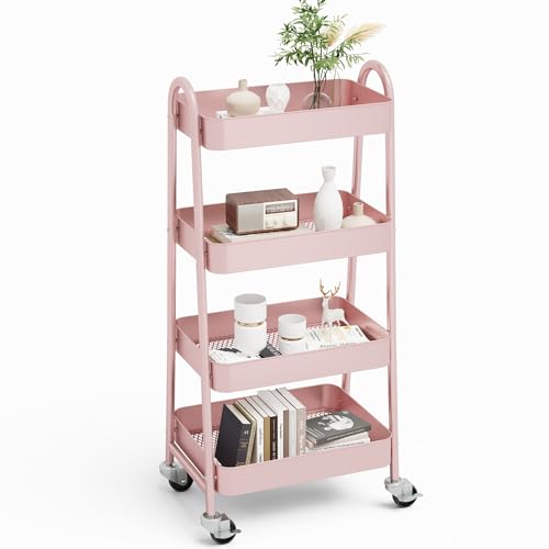 NEWBULIG 4-Tier Metal Rolling Storage Cart, Heavy Duty Mobile Utility Organizer Shelf with Lockable Wheels, Multifunctional Trolley for Daily Supplies, Home Indoor Daily Use, Pink - color: Pink, size: 4 Shelves