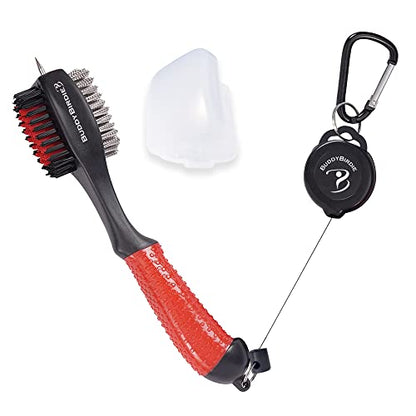 Retractable Golf Club Brush | Oversize Double Brush & Ergonomic Grip & Retractable Groove Cleaner & Lanyard - color: Red
