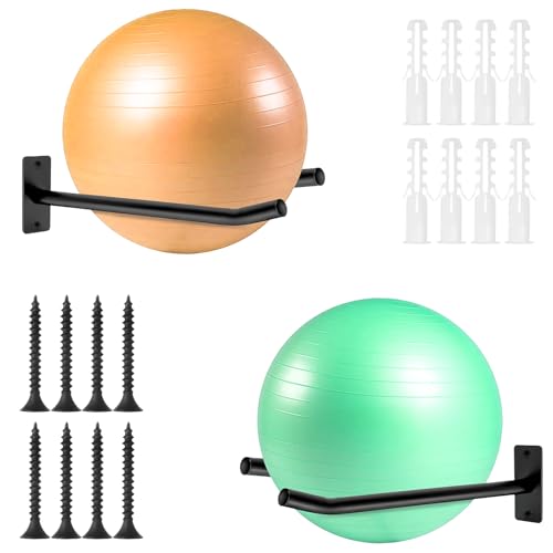 Wall Mount Exercise Ball Holder, Metal Yoga Ball Holder, Heavy Duty Medicine Ball Rack, Stability Ball Storage Rack for Gym, Garage, Home, 2 Pack