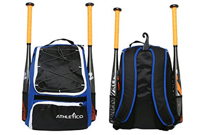 Athletico Baseball Bat Bag - Backpack for Baseball, T-Ball & Softball Equipment & Gear for Youth and Adults | Holds Bat, Helmet, Glove, & Shoes |Shoe Compartment & Fence Hook - color: Blue
