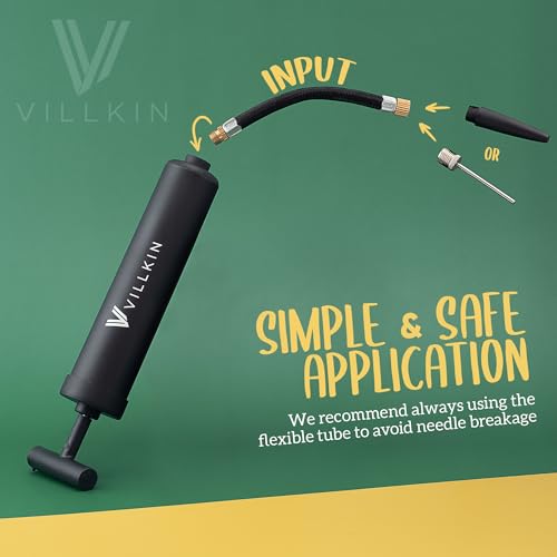 Villkin Ball Pump with Needle Storage in Handle - 4 Metal Needles, 2 Plastic Nozzles, Flexible Hose - for Soccer, Basketball, Volleyball, Handball - Black