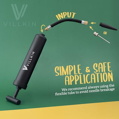 Villkin Ball Pump with Needle Storage in Handle - 4 Metal Needles, 2 Plastic Nozzles, Flexible Hose - for Soccer, Basketball, Volleyball, Handball - Black