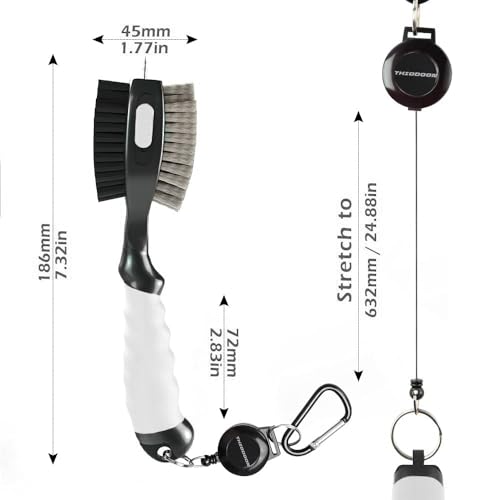 THIODOON 2 Pack Golf Club Brushes and Groove Cleaner 2 ft Retractable Zipline Carabiner Golf Brush Head with Retractable Spike Comfortable Grip Golf Club Cleaner - color: 2pcs Black & White