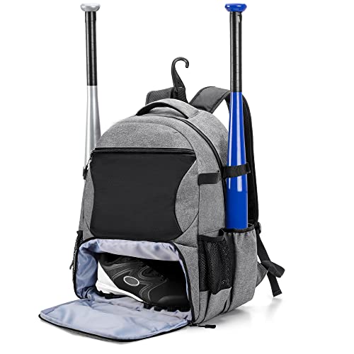 Baseball Backpack Holds Up to 4 Bats, Softball Bat Bag with Vented Shoe Compartment Up to Mens 13, Hence Hook and Multi Pockets for Essentials