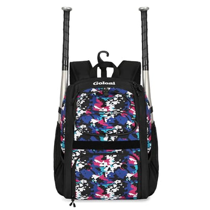 Goloni Youth Baseball Bag,Baseball Backpack with Shoes Compartment,Softball Bag with Fence Hook for T-Ball Bat & Equipment - color: Camouflage Blue