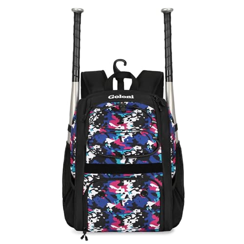 Goloni Youth Baseball Bag,Baseball Backpack with Shoes Compartment,Softball Bag with Fence Hook for T-Ball Bat & Equipment - color: Camouflage Blue