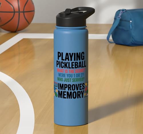 Funny Pickleball Improves Memory - Sarcastic Dinking Court Stainless Steel Insulated Water Bottle - color: Light Blue